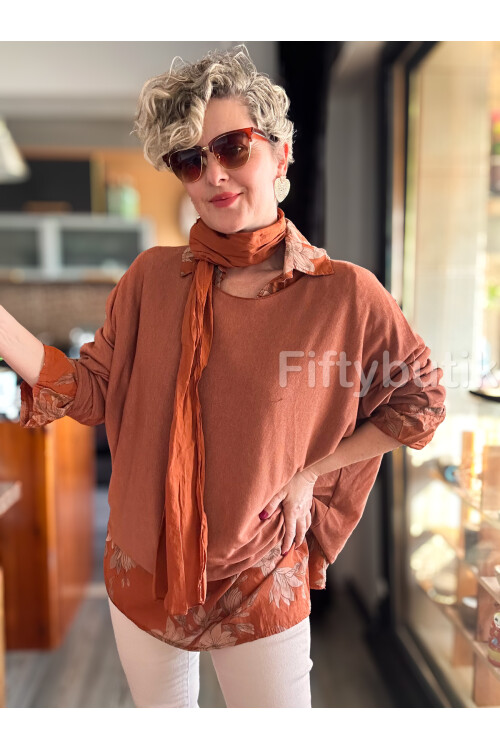 Julli İtalyan Gömlekli Bluz Triko Takım Kiremit