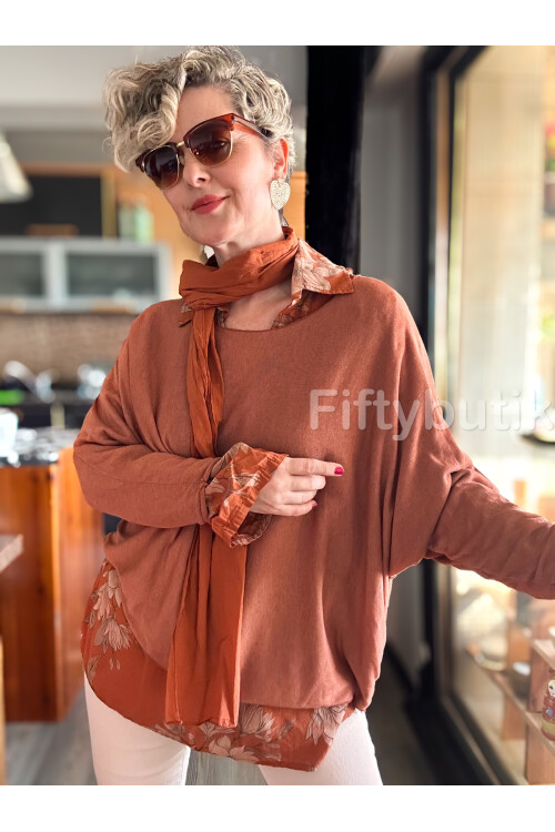 Julli İtalyan Gömlekli Bluz Triko Takım Kiremit