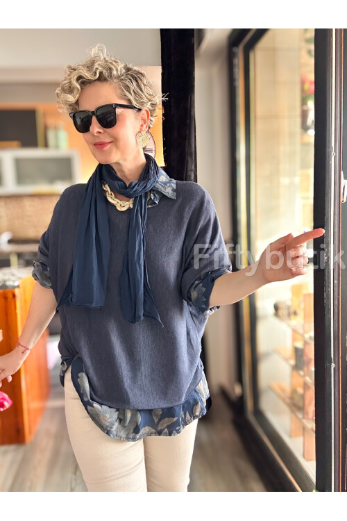 Julli İtalyan Gömlekli Bluz Triko Takım Lacivert