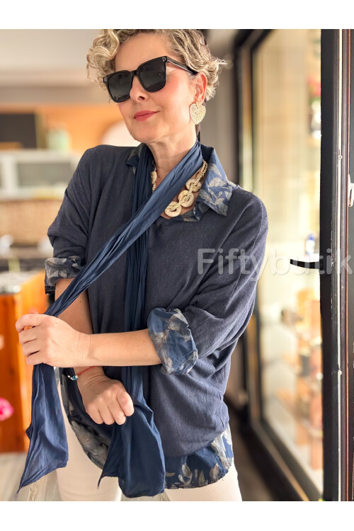 Julli İtalyan Gömlekli Bluz Triko Takım Lacivert