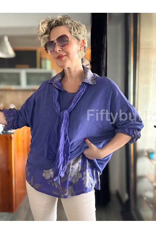 Julli İtalyan Gömlekli Bluz Triko Takım Mor