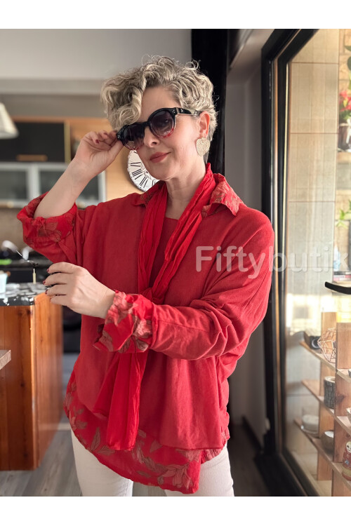 Julli İtalyan Gömlekli Bluz Triko Takım Nar Çiçeği