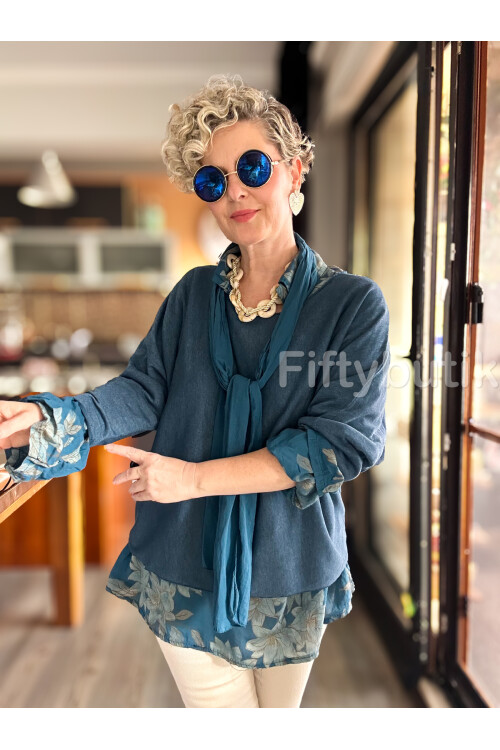 Julli İtalyan Gömlekli Bluz Triko Takım Petrol Mavi