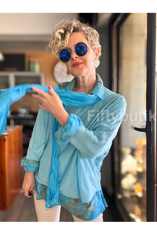 Julli İtalyan Gömlekli Bluz Triko Takım Turkuaz