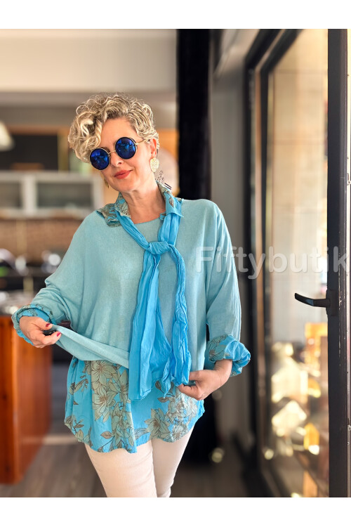 Julli İtalyan Gömlekli Bluz Triko Takım Turkuaz