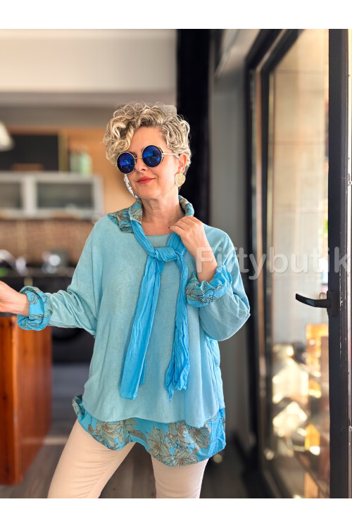 Julli İtalyan Gömlekli Bluz Triko Takım Turkuaz