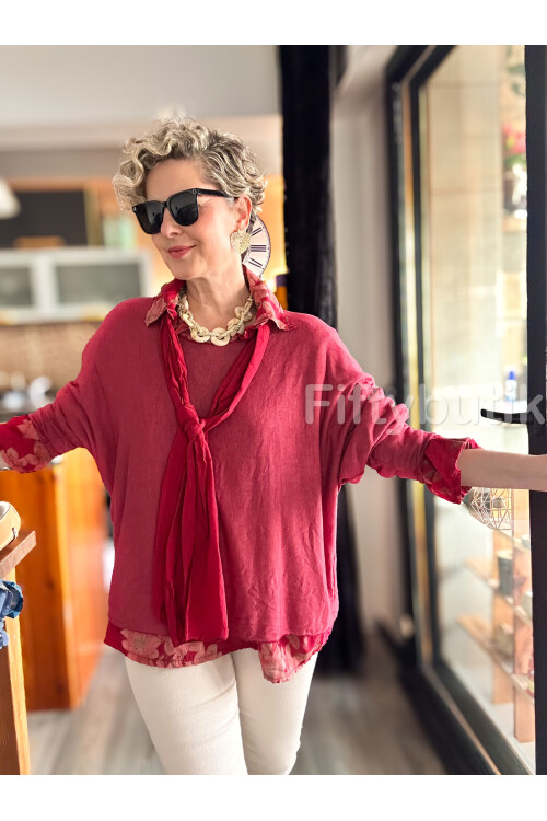 Julli İtalyan Gömlekli Bluz Triko Takım Vişne