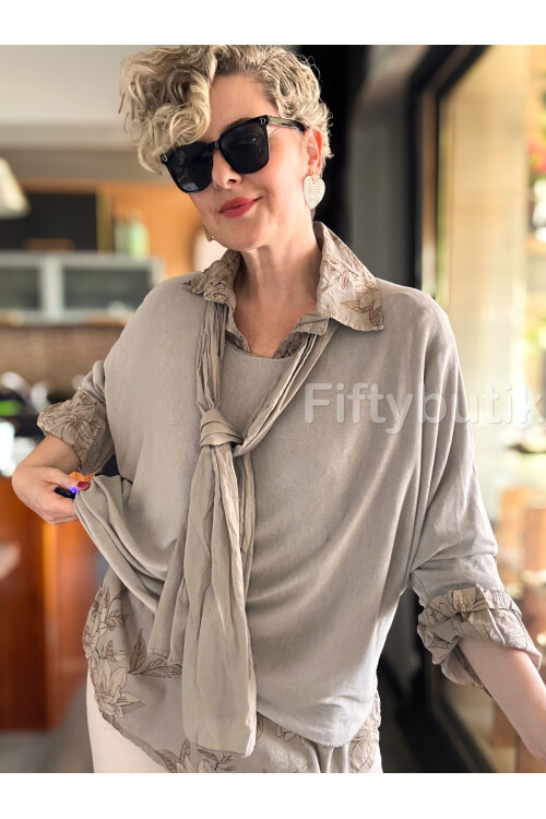 Julli İtalyan Gömlekli Bluz Triko Takım Vizon