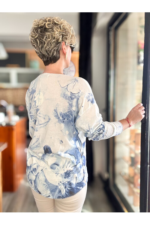 Kuffo İtalyan Çiçek Baskı Desen Triko Bluz