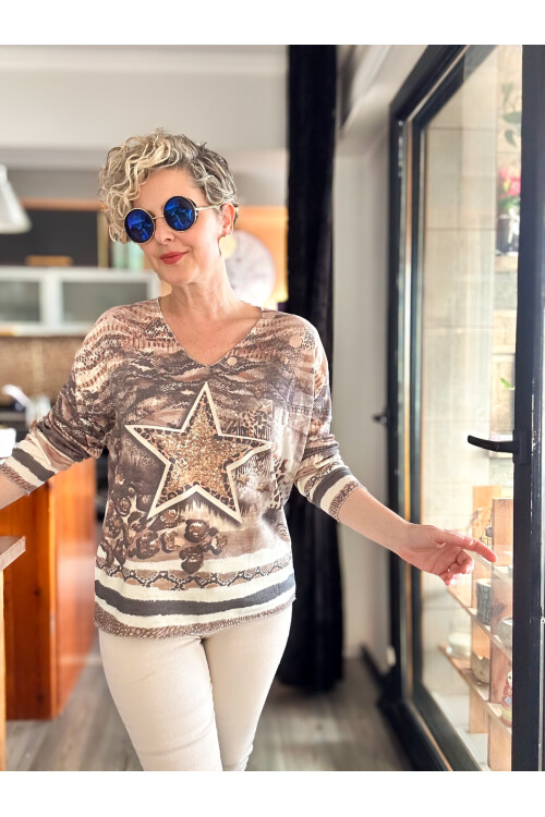Kuffo İtalyan Yıldız Baskı Desen Triko Bluz