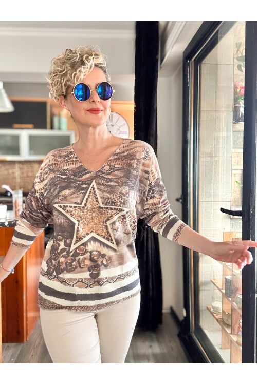 Kuffo İtalyan Yıldız Baskı Desen Triko Bluz