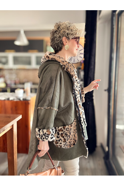 Lappe Leopar Desen İçi Polar Nubuk Kaban Haki