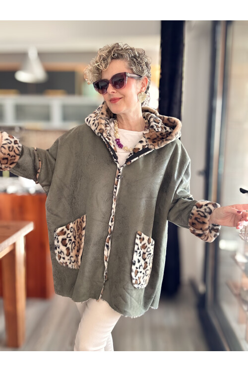 Lappe Leopar Desen İçi Polar Nubuk Kaban Haki