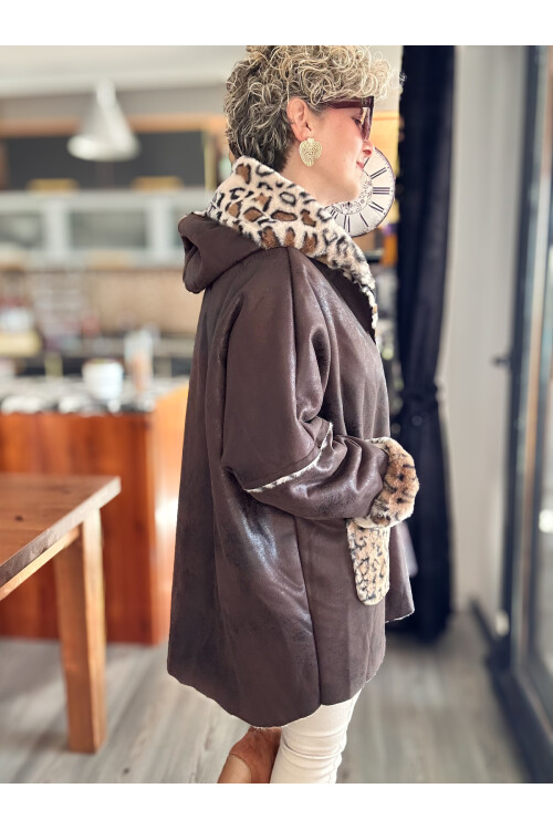 Lappe Leopar Desen İçi Polar Nubuk Kaban Kahverengi