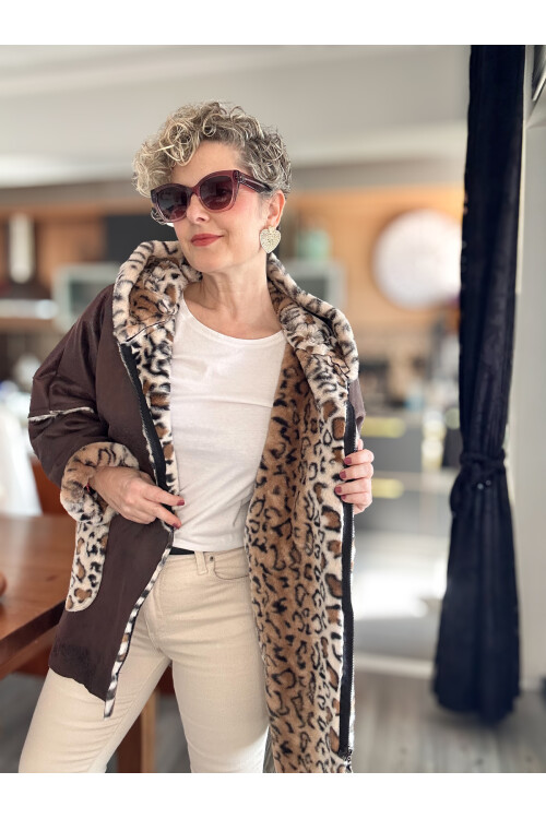 Lappe Leopar Desen İçi Polar Nubuk Kaban Kahverengi