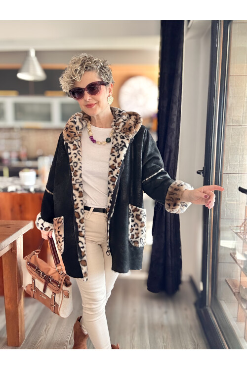 Lappe Leopar Desen İçi Polar Nubuk Kaban Siyah