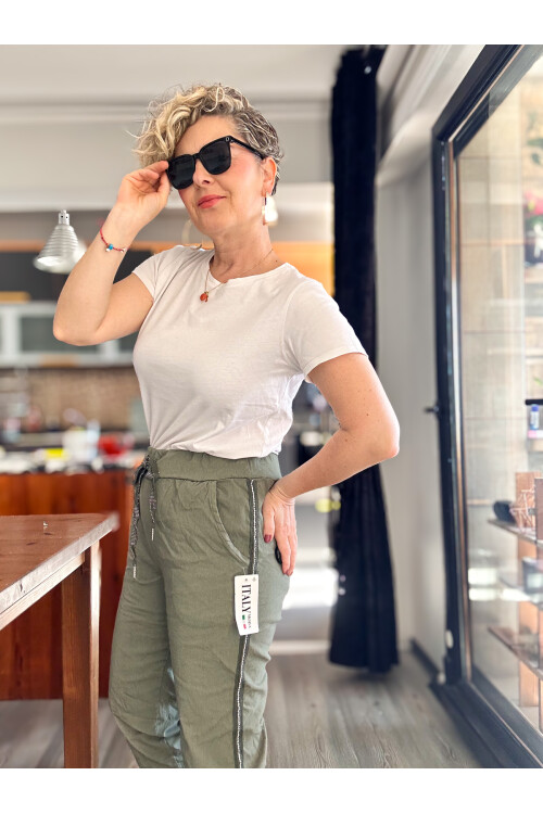 Lecce İtalyan Sihirli İnce Taş Şerit Detay Pantalon Haki