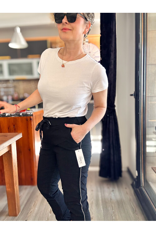 Lecce İtalyan Sihirli İnce Taş Şerit Detay Pantalon Siyah