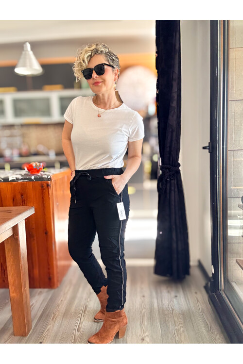 Lecce İtalyan Sihirli İnce Taş Şerit Detay Pantalon Siyah