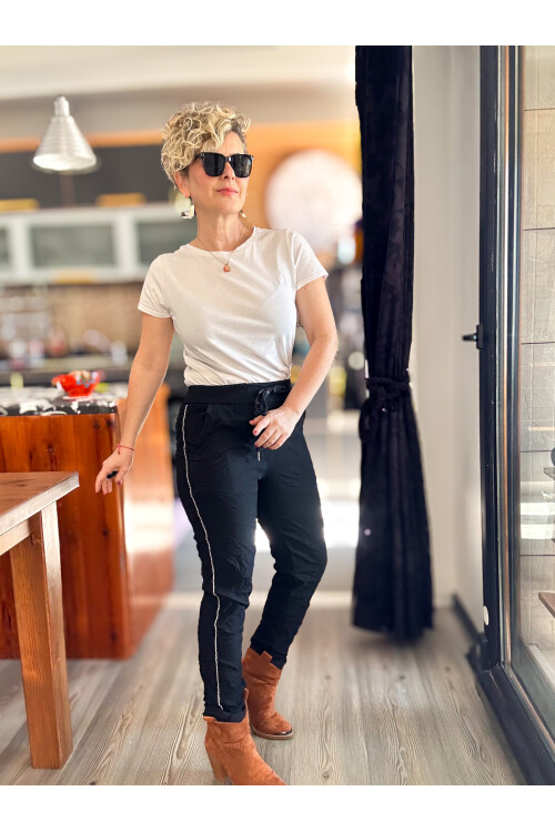 Lecce İtalyan Sihirli İnce Taş Şerit Detay Pantalon Siyah