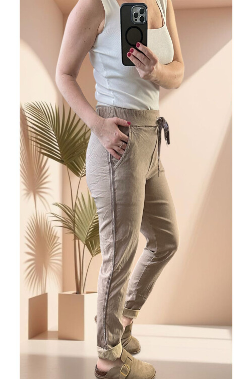 Lecce İtalyan Sihirli İnce Taş Şerit Detay Pantalon Vizon