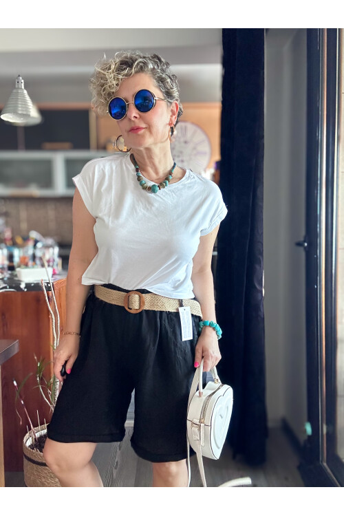 Lenasso İtalyan Stil Hasır Kemerli Keten Şort Siyah