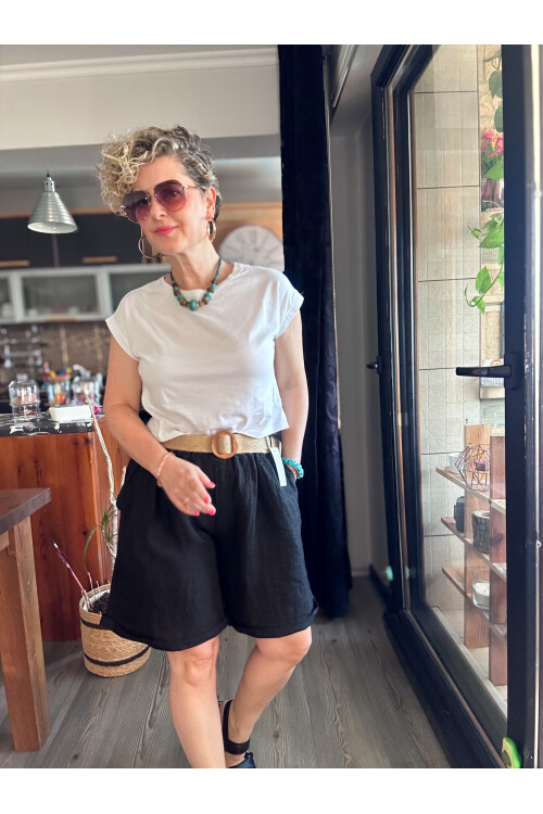 Lenasso İtalyan Stil Hasır Kemerli Keten Şort Siyah