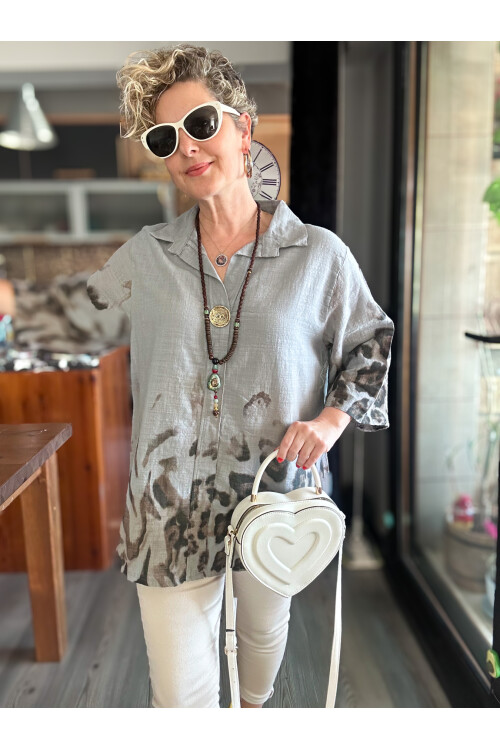 Lenna Leopar Desen Tasarım Gömlek Bluz Açık Gri