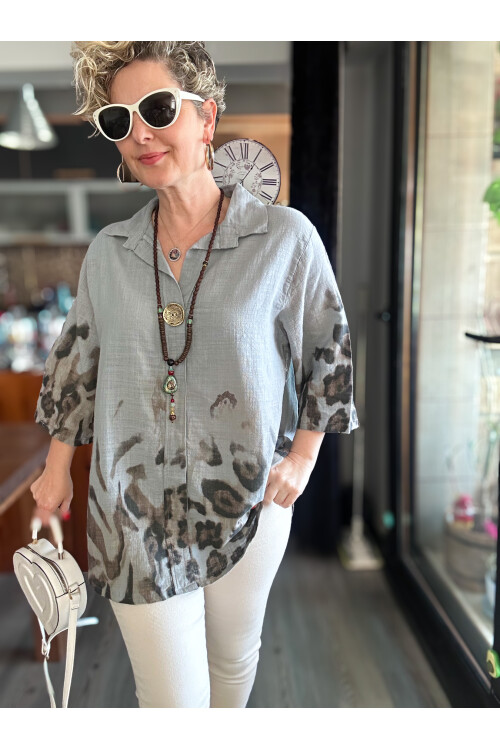 Lenna Leopar Desen Tasarım Gömlek Bluz Açık Gri