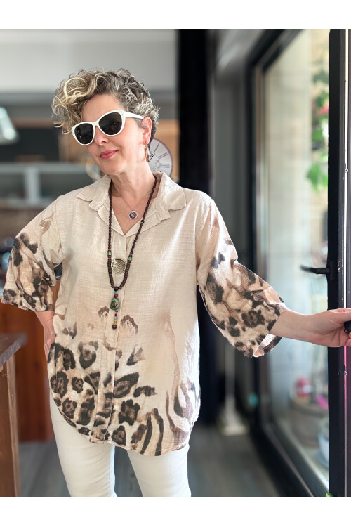 Lenna Leopar Desen Tasarım Gömlek Bluz Bej