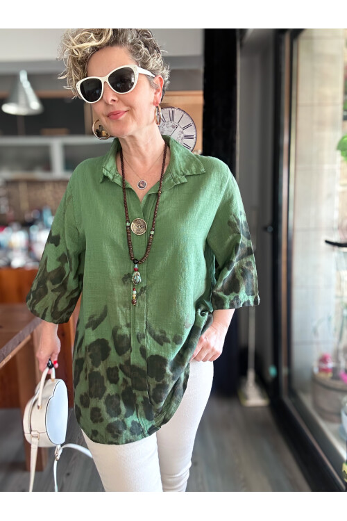 Lenna Leopar Desen Tasarım Gömlek Bluz Haki