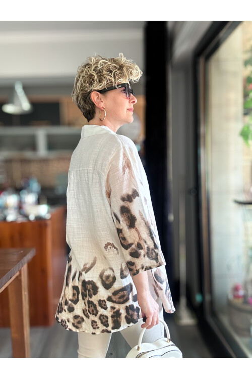 Lenna Leopar Desen Tasarım Gömlek Bluz Kırık Beyaz