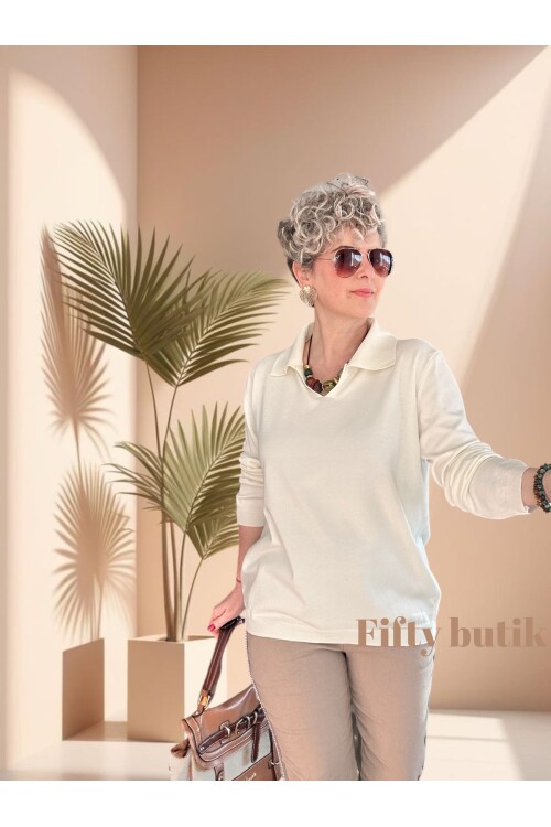 Lerso Polo Yaka Tasarım Triko Bluz Ekru