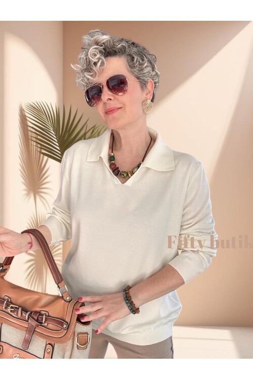 Lerso Polo Yaka Tasarım Triko Bluz Ekru