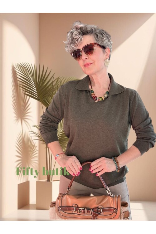 Lerso Polo Yaka Tasarım Triko Bluz Haki