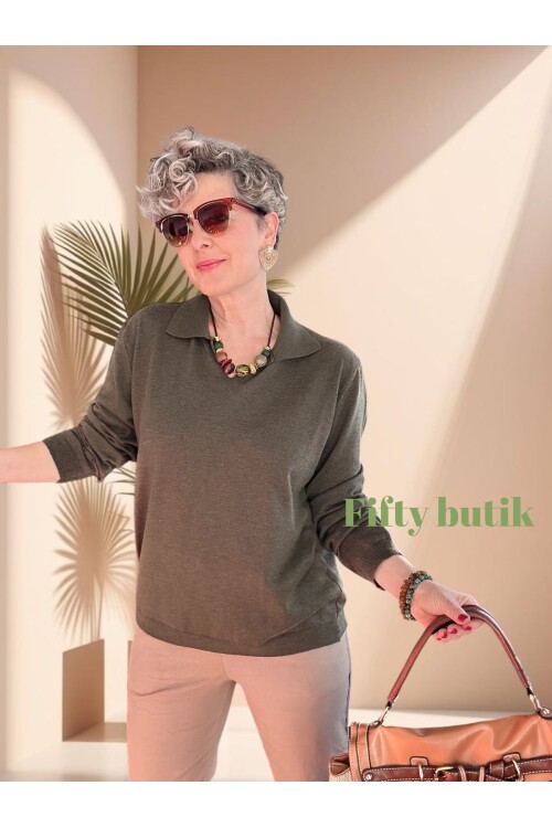 Lerso Polo Yaka Tasarım Triko Bluz Haki