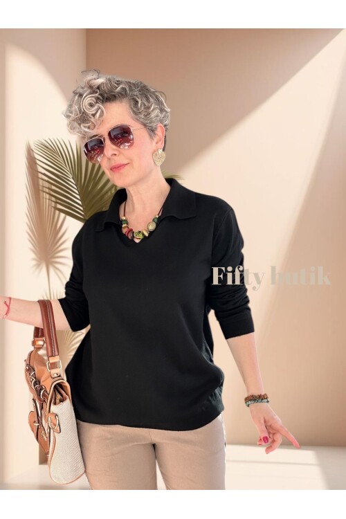 Lerso Polo Yaka Tasarım Triko Bluz Siyah