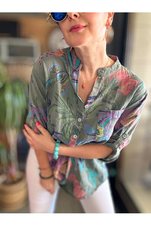 Lessi Yeni Zambak Desen Haki Desenli İtalyan Gömlek