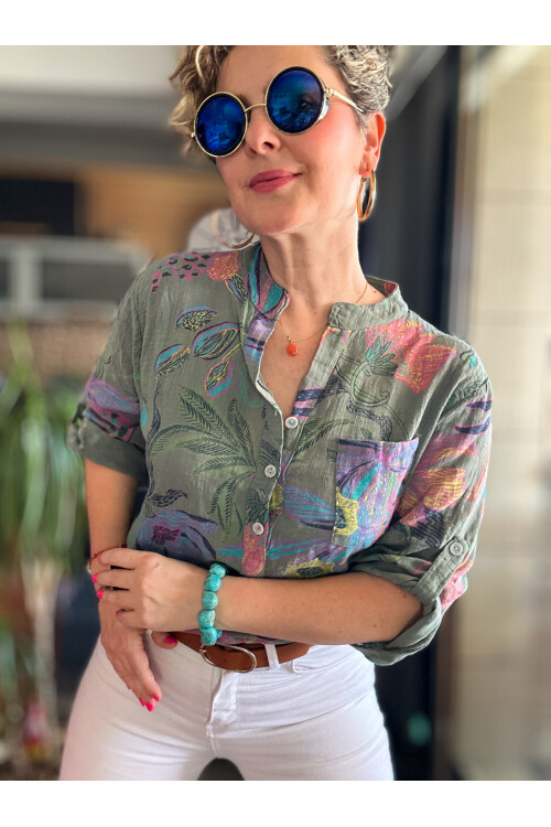 Lessi Yeni Zambak Desen Haki Desenli İtalyan Gömlek