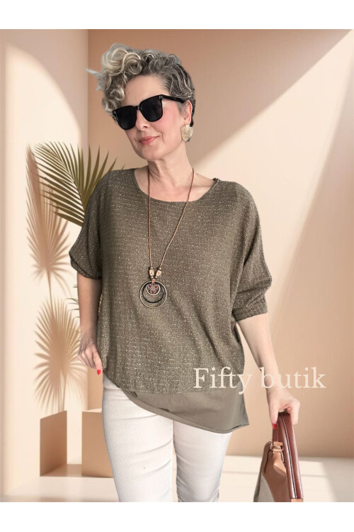 Lippa İthal 2 Parça Kolyeli Triko Bluz Haki Yeşil