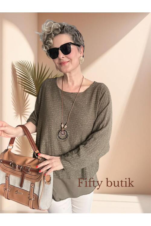 Lippa İthal 2 Parça Kolyeli Triko Bluz Haki Yeşil