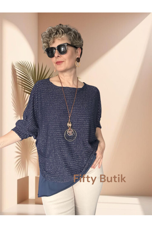 Lippa İthal 2 Parça Kolyeli Triko Bluz Lacivert