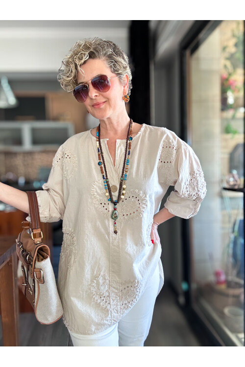 Lizza İtalyan Fisto Tahta Düğme Detay Gömlek Bej