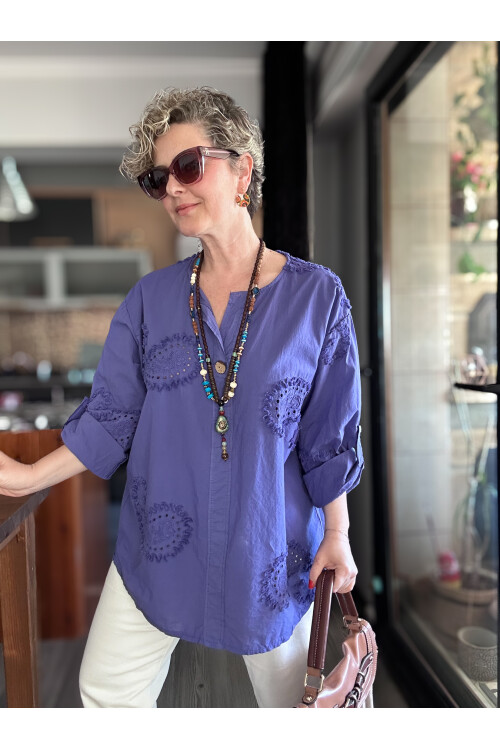 Lizza İtalyan Fisto Tahta Düğme Detay Gömlek Mor