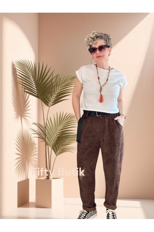 Luppo İtalyan Şönil Kemerli Havuç Pantolon Acı Kahve