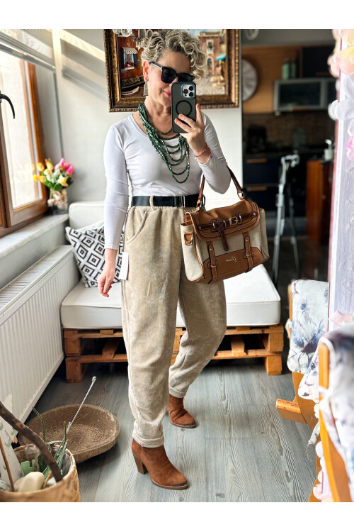 Luppo İtalyan Şönil Kemerli Havuç Pantolon Bej