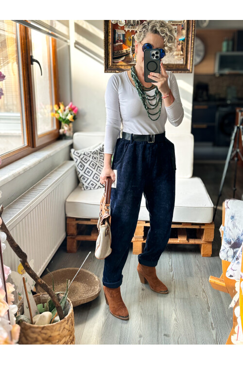 Luppo İtalyan Şönil Kemerli Havuç Pantolon Lacivert