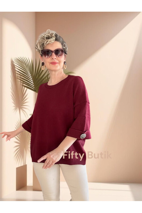 Macca Tasarım Düğme Detay Triko Bluz Bordo