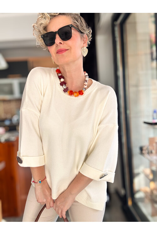 Macca Tasarım Düğme Detay Triko Bluz Ekru