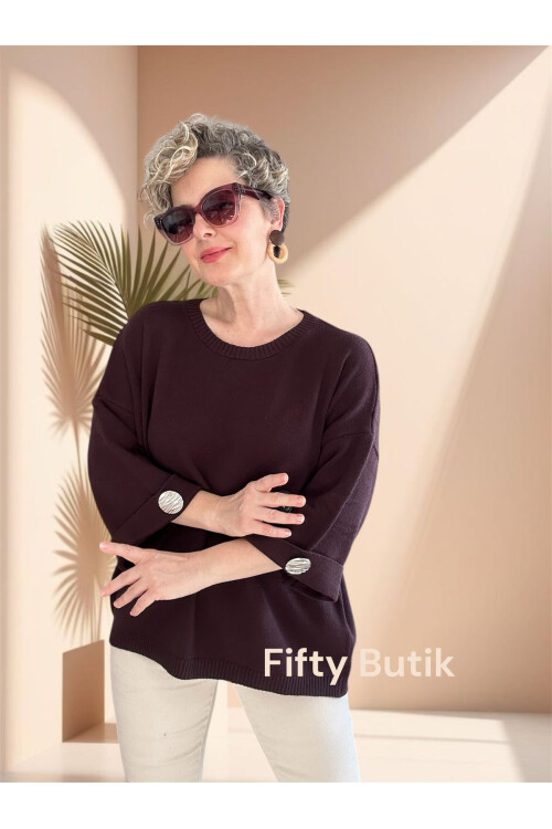 Macca Tasarım Düğme Detay Triko Bluz Kahverengi